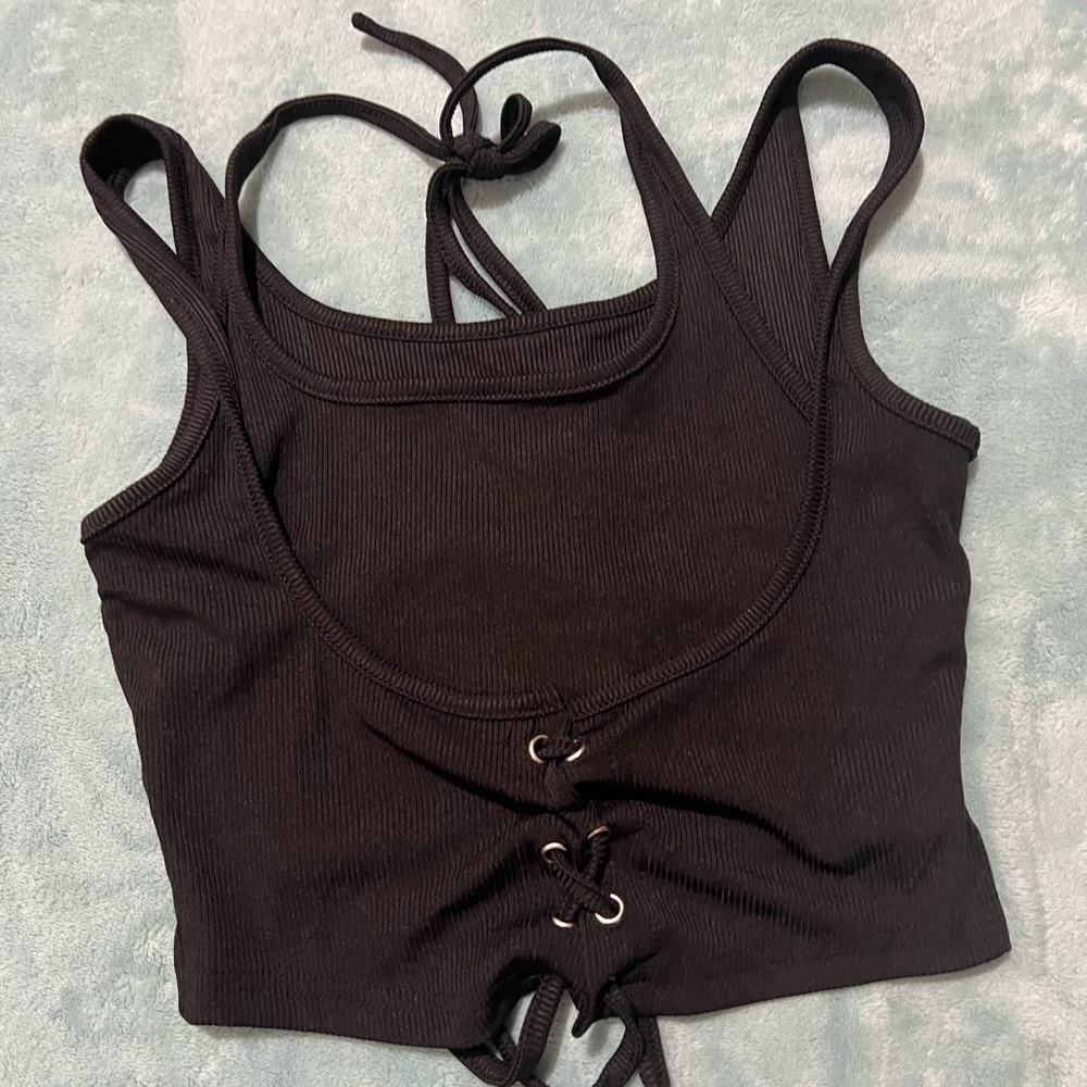 Cider Black Ribbed Lace-Up Crop Top